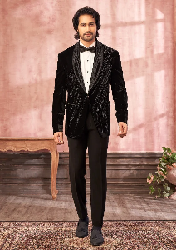 Men's tailored tuxedo jacket for formal business meeting -Black Velvet Suit with Allover CutMoti and Cutdana Work