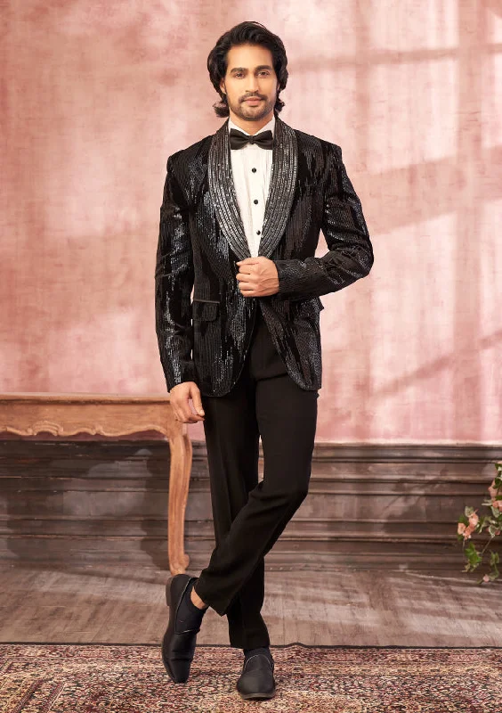 Men's luxury tuxedo for black tie formal event -Black Velvet Suit with Fabric Stitch with tikki work