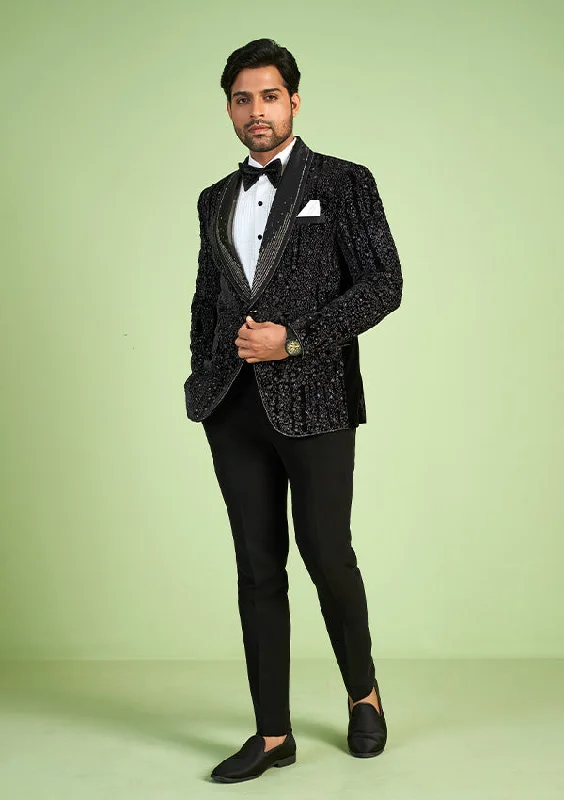 Men's luxury tuxedo for office gala reception -Black Velvet Suit with Pearl work