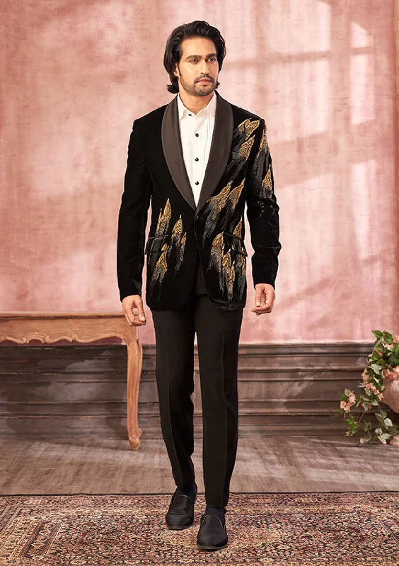 Men's tailored tuxedo jacket for wedding evening reception -Black Velvet Suit with Spring and Zardozi Work