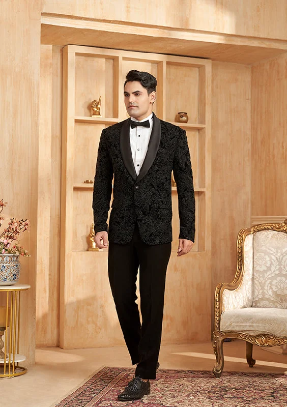 Men's designer tuxedo for formal office dinner -Black Velvet with French knot and cut dana tiki work