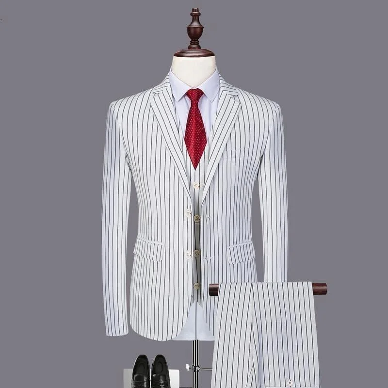 Men's slim fit tuxedo jacket for black tie gala -Black White Stripes Men 3 Pieces Men's Suits.