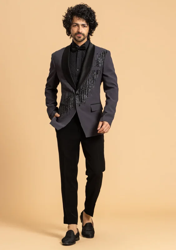 Men's luxury grey tuxedo for evening event -Blue Italian Suit with Cut dana and Moti Work