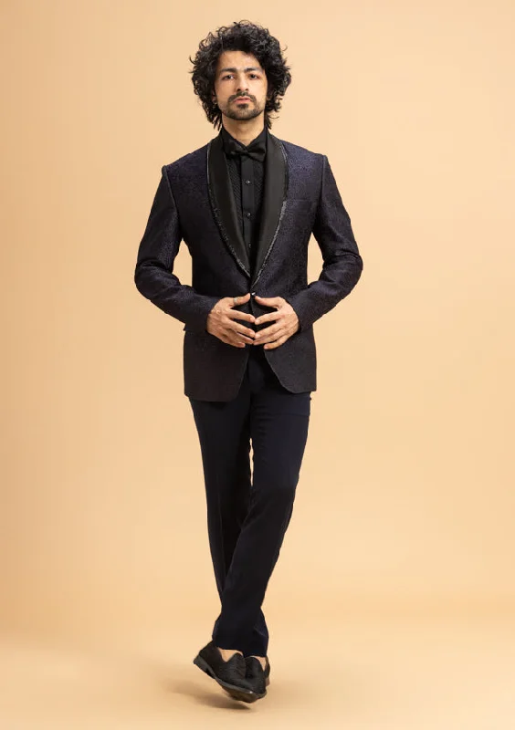 Men's classic black tuxedo jacket for corporate dinner -Blue Italian Woollen Suit with a leather piping and embroidery