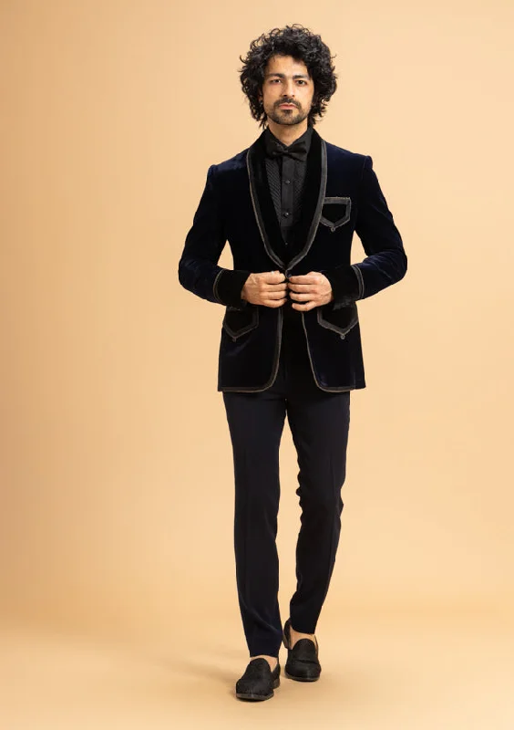 Men's formal tuxedo jacket for office gala event -Blue Velvet Suit with Pleated work