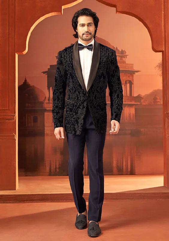 Men's slim fit tuxedo for formal wedding party -Blue Velvet Suit with Zardosi Embellish with Cut Moti Work