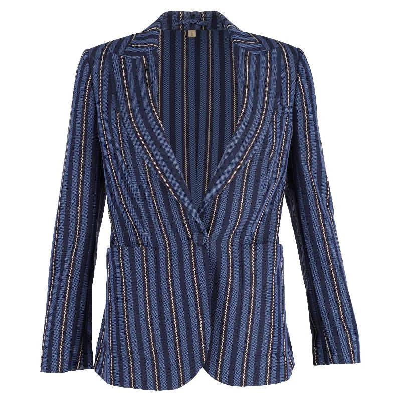 Men's slim fit tuxedo jacket for corporate reception -Burberry Single-Breasted Weaved-Stripe Blazer in Navy Blue Wool