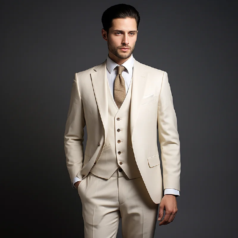 Men's tailored tuxedo for black tie corporate event -Cream Color Three Piece Wedding and Business Suit for Men - Ultimate Elegance and Versatility