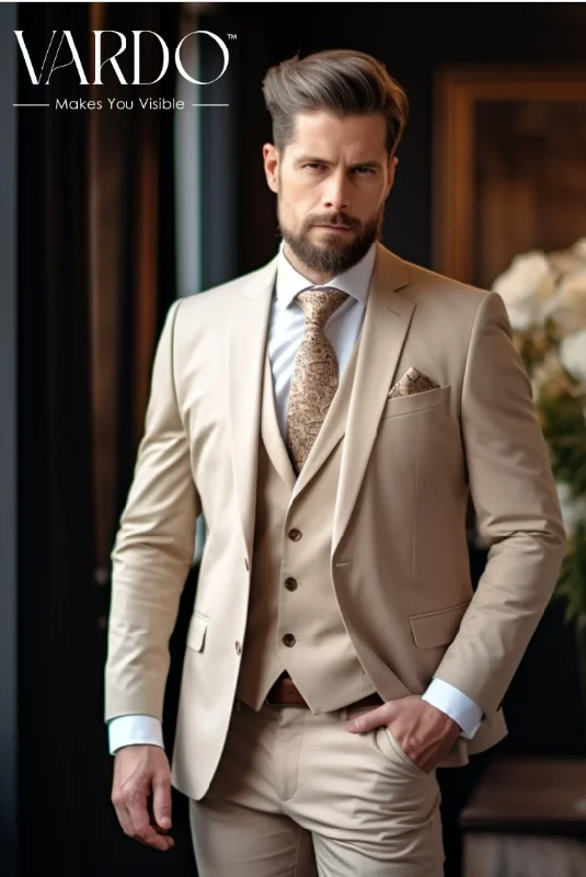 Men's luxury tuxedo jacket with satin collar for office event -Classic Beige Three-Piece Suit for Men - Elegant Tailoring, Versatile Style, The Rising Sun store, Vardo