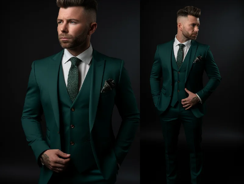 Men's modern tuxedo for business office party -Dark Green Three-Piece Wedding Suit - Perfect for Weddings and Business