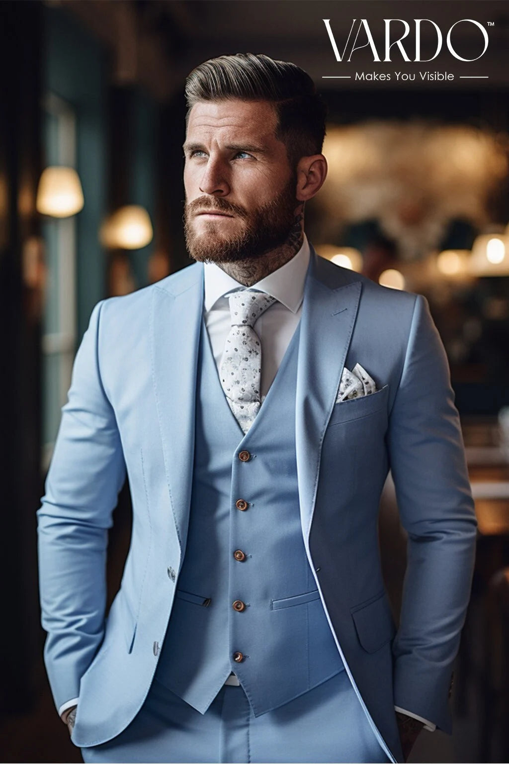 Men's premium tuxedo jacket for black tie reception -Icy Blue Three Piece Suit for Men - Elegant and Stylish Formal Wear