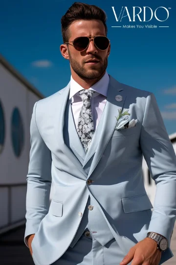 Men's modern tuxedo for office wedding reception -Elegant Icy Blue Three Piece Suit for Men