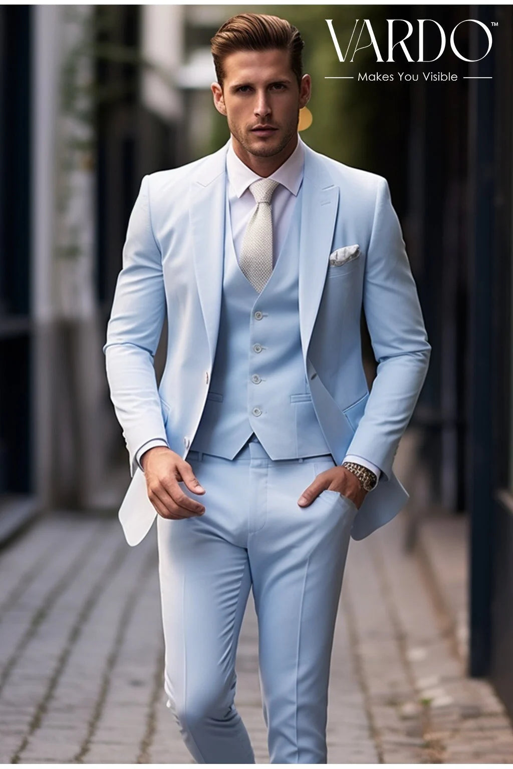 Men's wool tuxedo for evening reception -Premium Quality Wedding or Formal Occasion Suit Icy Blue Three Piece Suit for Men