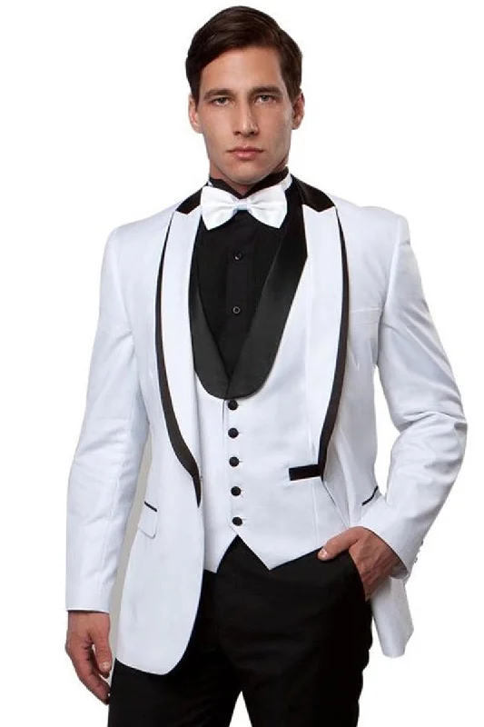 Men's premium tuxedo with satin lapels for business event -Men's Fancy White Tuxedo w/ Peak Lapel & Satin Trim - Bryan Michaels