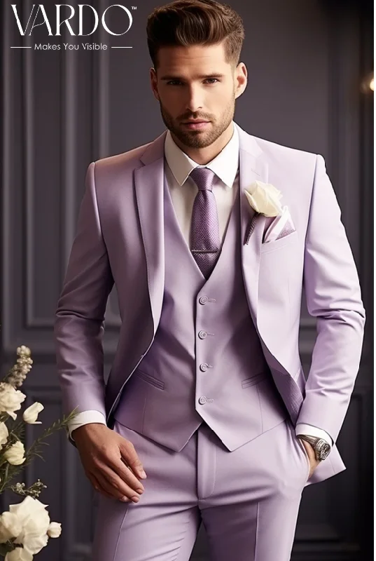 Men's designer tuxedo jacket for corporate wedding event -Stylish Men's Light Purple Three-Piece Suit