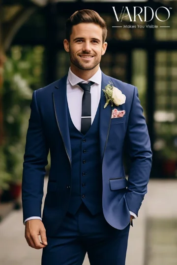 Men's premium tuxedo jacket with satin collar for wedding -Premium Classic Dark Blue Three Piece Tuxedo Suit for Men