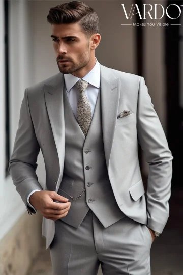 Men's classic tuxedo jacket for evening event -Classic Men's Light Grey Three-Piece Suit