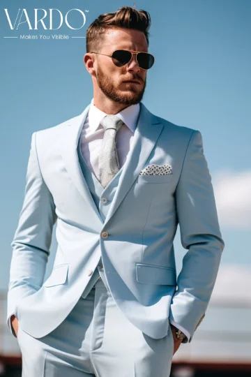 Men's slim fit tuxedo jacket for corporate reception -Elegant Formal Attire Men's Icy Blue Three Piece Suit