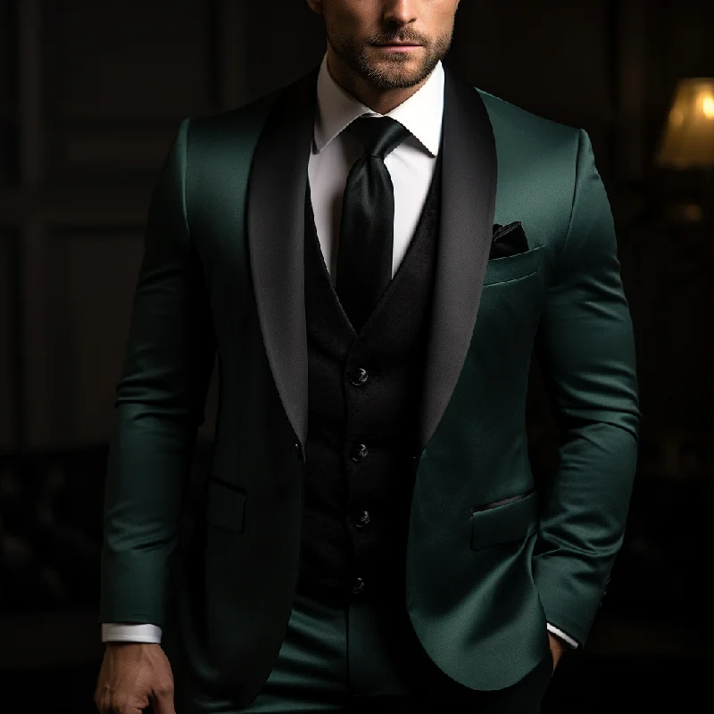 Men's luxury tuxedo for business gala event -Dark Green Three Piece Tuxedo Wedding Suit for Men with Black Satin Shawl Lapels - Perfect for Weddings and Business