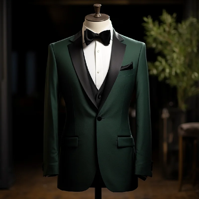 Men's modern tuxedo jacket for formal office dinner -Dark Green Three-Piece Tuxedo Suit with Black Satin Lapels - Perfect for Weddings and Business