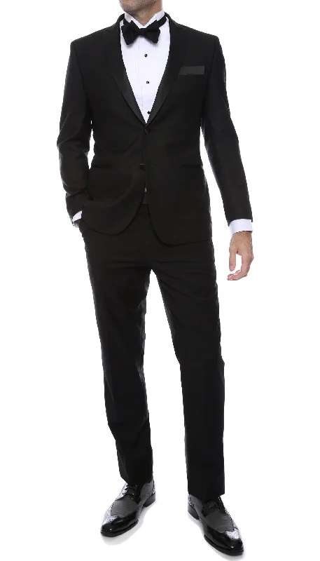 Men's luxury tuxedo for black tie event -Debonair Black Slim Fit Peak Lapel 2 Piece Tuxedo