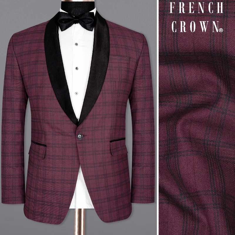 Men's designer tuxedo jacket for corporate wedding event -Eggplant Red Plaid Wool Rich Tuxedo Blazer