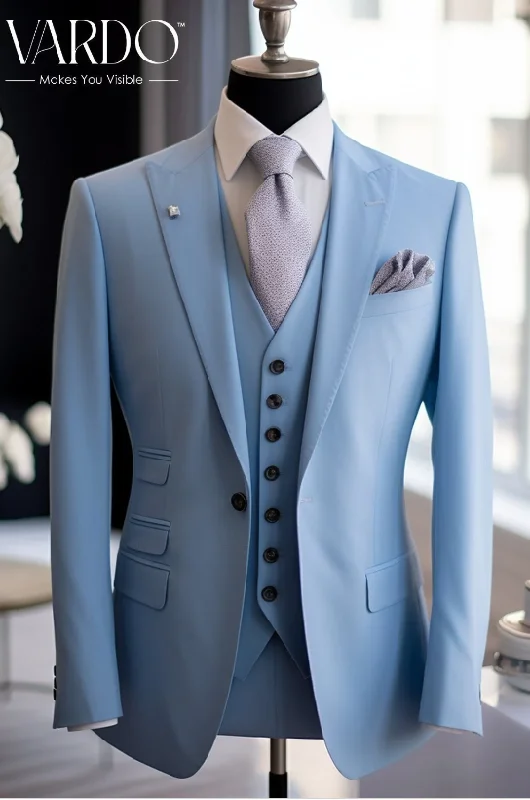 Men's wool tuxedo jacket for business gala -Premium Sky Blue Three Piece Suit for Men - Elegant Formal Attire for Timeless Style- Tailored Suit - The Rising Sun store, Vardo