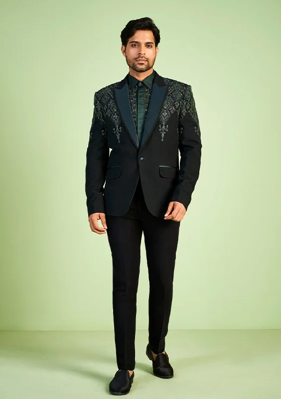 Men's wool tuxedo for formal office gala -Green Poly Viscose Shimmer Suit with zari work