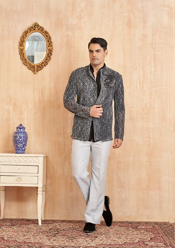 Men's premium tuxedo for corporate event gala -Grey & Black Shirt Coat New Printed Fabric & Shirt Georgette with Cutdana thread work