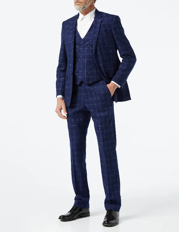 Men's slim fit tuxedo for office wedding reception -HECTOR - NAVY GRID WINDOWPANE CHECK SUIT