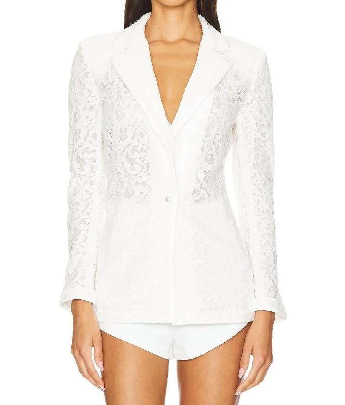 Men's premium tuxedo jacket with satin collar for wedding -Judith Sheer Lace Notch Collar Blazer In Off White