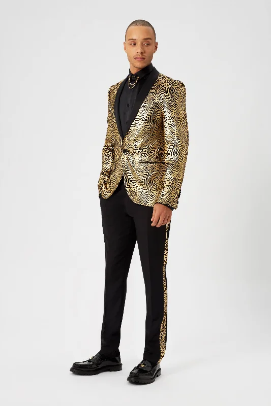 Men's tailored tuxedo for business gala dinner -Kalman Skinny Fit Gold Zebra Print Suit - ARCHIVE