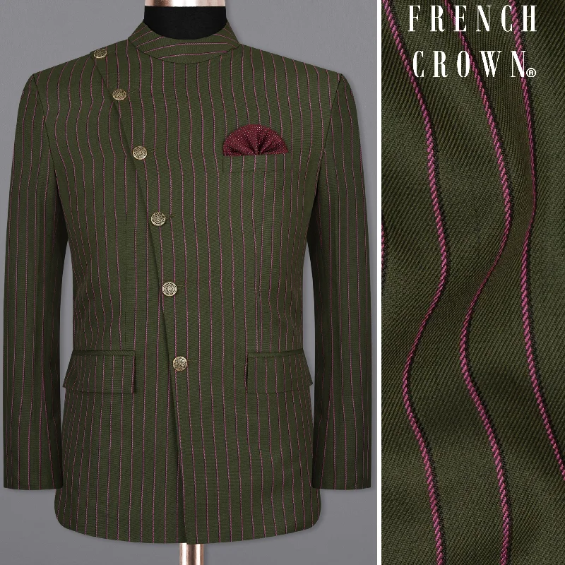 Men's tailored tuxedo for wedding dinner party -Kelp Green Woolrich Striped Cross Placket Bandhgala Blazer