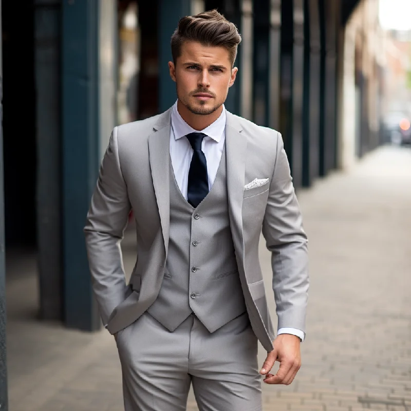 Men's slim fit tuxedo for wedding reception dinner -Light Grey Three Piece Wedding and Business Suit for Men - Elegant, Versatile, and Stylish