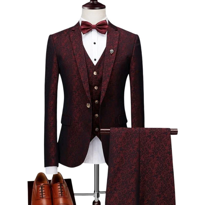 Men's premium tuxedo jacket for black tie reception -Luxury Blue and Burgundy Floral Three Piece Mens