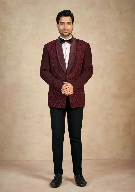 Men's tailored tuxedo jacket for business gala event -Maroon Poly Viscose Shimmer Fabrics Suit with Applic Work