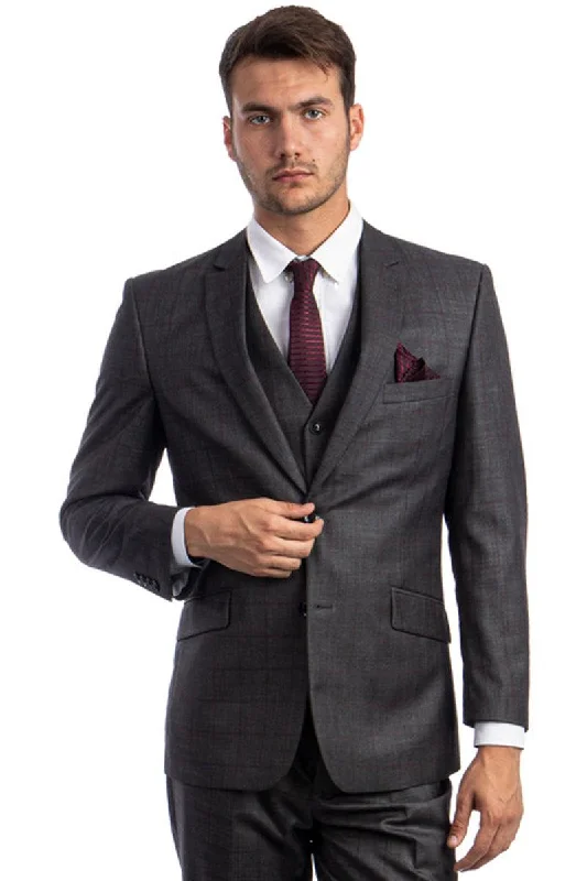 Men's slim fit tuxedo for office gala dinner party -Men's Zegarie Wool Vested Suit, Mesh Modern Fit in Charcoal & Burgundy Windowpane