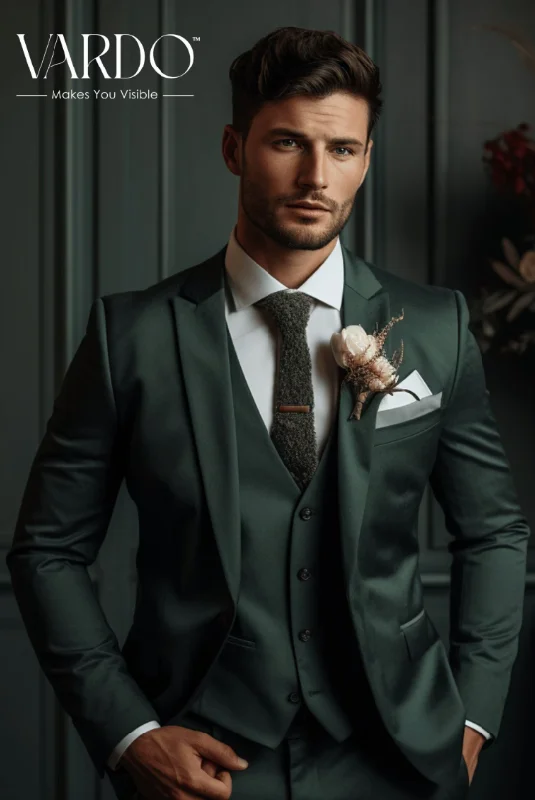 Men's modern tuxedo for black tie business event -Men's Dark Emerald Green 3-Piece Suit - Luxe Tailored Elegance for Formal & Business Events, The Rising Sun Store, Vardo