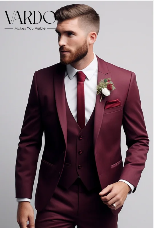 Men's wool tuxedo jacket for wedding event -Men's Distinctive Burgundy 3-Piece Suit - Contemporary Tailored Fit - Elevate Your Formal Look, The Rising Sun Store, Vardo