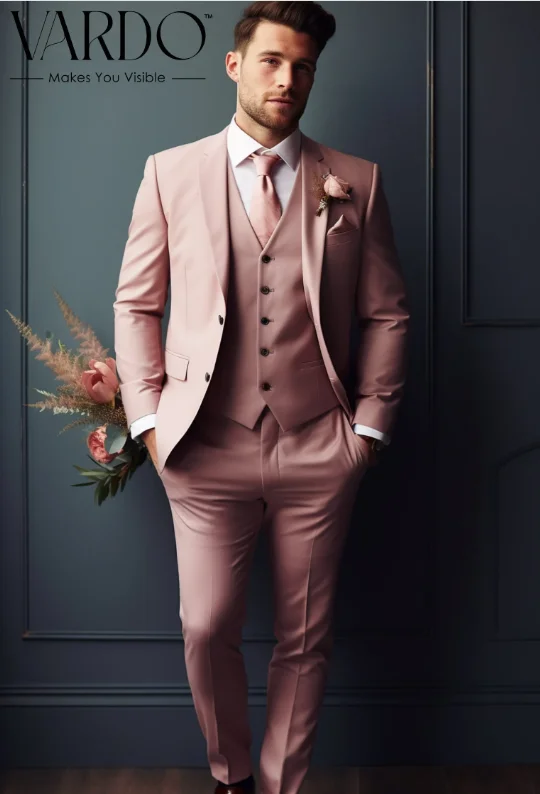 Men's slim fit tuxedo jacket for wedding dinner -Men's Dusty Rose Notch Lapel 3-Piece Suit - Contemporary Business Attire - Classy Formal Wear. The Rising Sun Store, Vardo