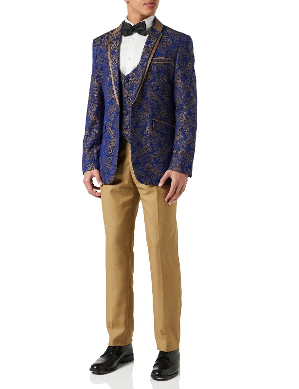 Men's wool tuxedo jacket for formal business event -NAVY GOLD BROCADE WEDDING SUIT