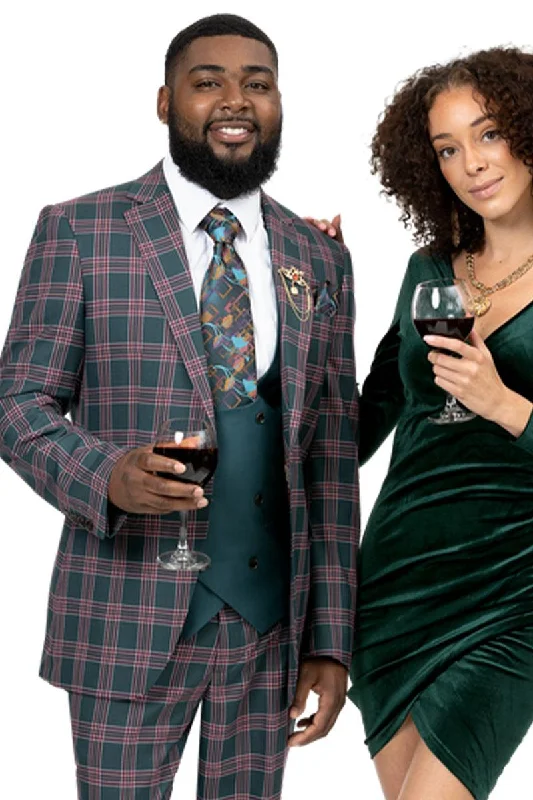 Men's wool tuxedo jacket for wedding party -EJ Samuel Forest Green Double-Breasted Vest Suit with Red Windowpane Plaid - Modern Fit