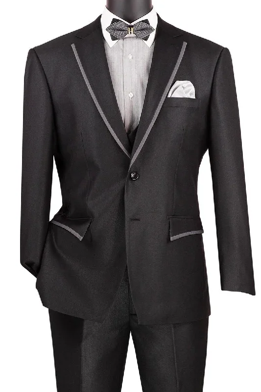 Men's premium tuxedo jacket for formal wedding event -"Vinci Men's Double-Breasted Tuxedo + Vest—Modern-Fit, Satin-Trimmed Black Suit"