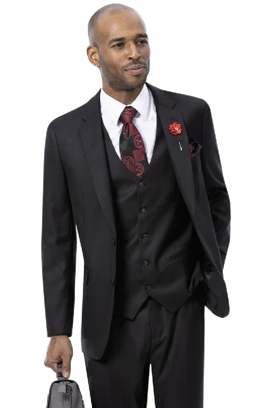 Men's designer tuxedo jacket for evening office event -EJ Samuel Men's Modern Fit Black Sharkskin Vested Suit