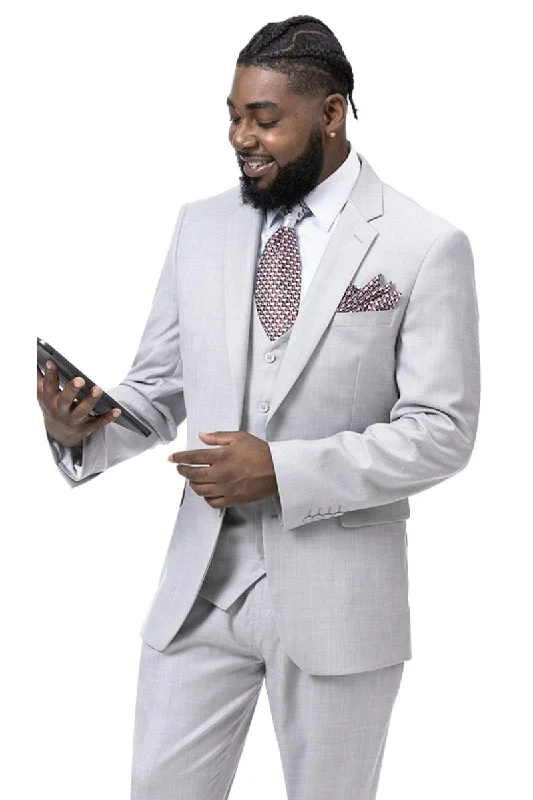 Men's slim fit tuxedo jacket for black tie gala -"Modern Fit Sharkskin Business Suit by EJ Samuel: Light Grey, 2-Button Vest"