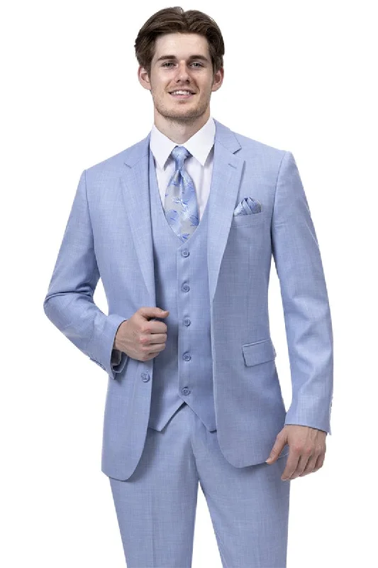 Men's modern tuxedo jacket for evening business event -EJ Samuel Men's Modern Fit Sky Blue Sharkskin Business Suit with 2 Buttons.