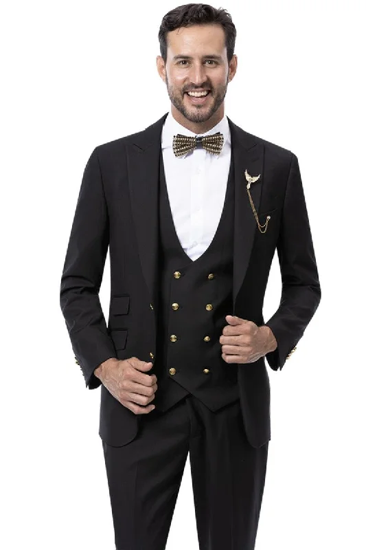 Men's classic tuxedo for corporate office party -EJ Samuel Men's Formal Vested Suit w/ Double Breasted Vest & Gold Buttons in Black