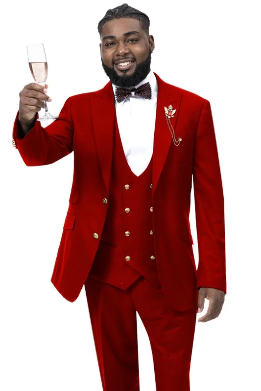 Men's wool tuxedo jacket for business wedding event -EJ Samuel Men's Red Vested Suit w/ Double Breasted Bespoke Gold Buttons