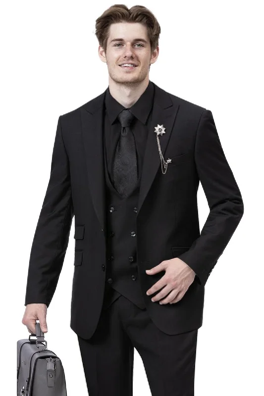 Men's premium tuxedo for corporate event gala -EJ Samuel Men's Black 2-Button Vested Suit with Double-Breasted Vest