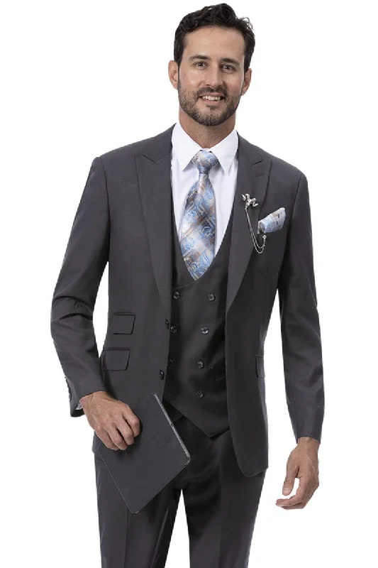 Men's designer tuxedo for wedding party dinner -"Charcoal Grey Vested Suit - EJ Samuel Modern 2-Button w/ Peak Lapel & Double-Breasted Vest"